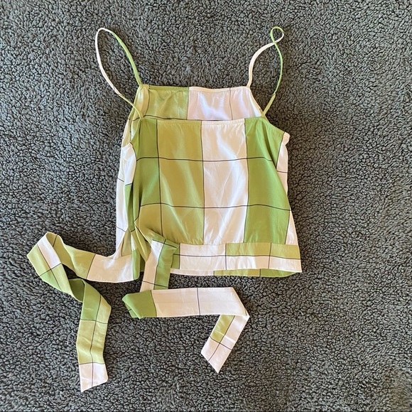 Silk Halter Crop Top Lime Green Print Plaid Summer Tube with Straps Y2K bow tie - Picture 2 of 11